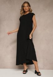 Czarna Sukienka Ozdobiona Plisami Mavellea. Czarne sukienki damskie Renee, na co dzień, bez wzorów, eleganckie, bez kołnierzyka, bez ramiączek, maxi, proste. Za 59.99 zł.