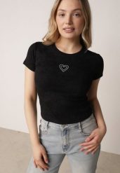 Czarny Bawełniany T-shirt z Cyrkoniowym Sercem Arielin. Czarne koszule damskie Born2be, m, z aplikacjami, z bawełny, klasyczne, bez kołnierzyka, bez ramiączek. Za 39.99 zł.