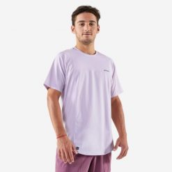 Koszulka tenisowa męska krótki rękaw Artengo Dry Gaël Monfils. Fioletowe koszulki sportowe męskie ARTENGO, l, bez wzorów, z elastanu, bez kołnierzyka, bez ramiączek, tenisowe. Za 69.99 zł.