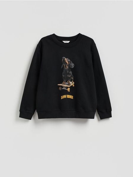 Bluza z nadrukiem - czarny. Czarne bluzy męskie Reserved, l, bez wzorów, z bawełny, bez kaptura. W wyprzedaży za 65.99 zł.