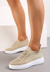 Beżowe Buty Sportowe z Cholewką w Skarpetkowym Stylu Timotta. Brązowe obuwie sportowe damskie Renee, bez wzorów, sportowe, bez zapięcia. Za 49.99 zł.