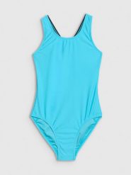 4F Kostium kąpielowy jednoczęściowy dziewczęcy - turkusowy 134/140 (8-10 lat). Niebieskie stroje kąpielowe dla dziewczynek 4f, bez wzorów, z elastanu. Za 69.99 zł.