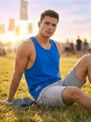 Bawełniany tank top sportowy z napisem - niebieski. Niebieskie t-shirty męskie Sinsay, l, bez wzorów, z bawełny, sportowe, bez kołnierzyka. Za 19.99 zł.