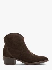 Ciemnobrązowe botki kowbojki welurowe. Brązowe botki damskie Ryłko, na jesień, ze skóry, eleganckie, za kostkę, bez obcasa, na obcasie, bez zapięcia. Za 499.99 zł.