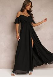Czarna Rozkloszowana Sukienka Maxi o Kopertowym Fasonie na Cienkich Ramiączkach Burwena. Czarne sukienki damskie Renee, l, bez wzorów, bez kołnierzyka, bez ramiączek, maxi, kopertowe. Za 149.99 zł.