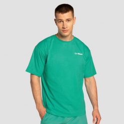 Koszulka męska oversize z krótkim rękawem Limitless Lagoon. Niebieskie koszulki sportowe męskie GYMBEAM, l, bez wzorów, z bawełny, bez kołnierzyka, bez ramiączek, na fitness i siłownię. Za 76.90 zł.