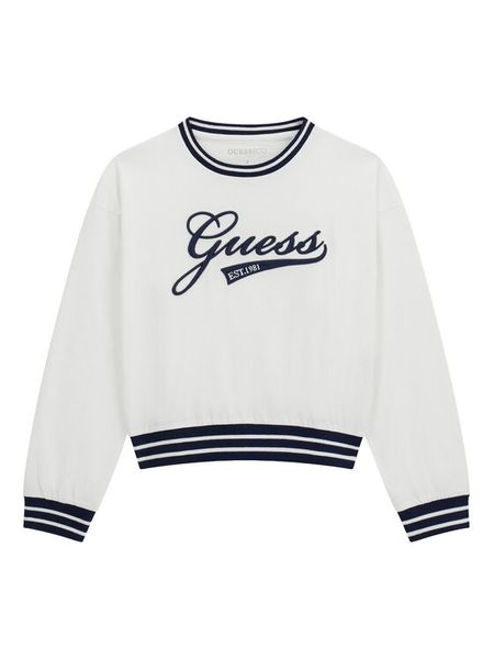 Guess Bluza J6YI30 K3765 Biały Regular Fit. Białe bluzy dla dziewczynek Guess, z aplikacjami, z bawełny, bez ramiączek, bez kaptura. Za 154.99 zł.