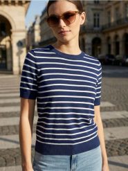 Bluzka swetrowa w paski - granatowy. Niebieskie bluzki damskie Sinsay, l, bez wzorów, bez kołnierzyka, bez ramiączek. Za 29.99 zł.