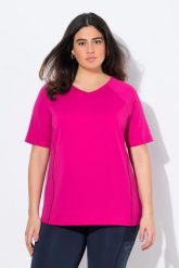 Damskie T-shirt dekolt w serek rękaw 1/2. Czarne t-shirty damskie Ulla Popken, plus size, bez wzorów, z dżerseju, bez kołnierzyka. Za 179.99 zł.