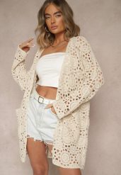 Beżowy Bawełniany Kardigan z Ażurowej Tkaniny z Kieszeniami Linetea. Brązowe kardigany damskie Renee, w ażurowe wzory, z bawełny, eleganckie. Za 129.99 zł.