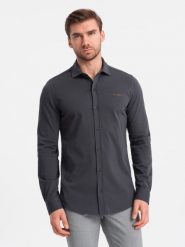 Męska bawełniana koszula REGULAR z dzianiny single jersey - grafitowa V6. Szare koszule męskie Ombre Clothing, m, bez wzorów, z bawełny, bez kołnierzyka, bez ramiączek. W wyprzedaży za 79.99 zł.