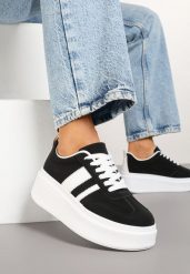 Czarne Sneakersy Kultowe Tenisówki na Platformie z Koturnem Elisara. Czarne obuwie sportowe damskie Born2be, bez wzorów, z jeansu, klasyczne, bez zapięcia. Za 79.99 zł.