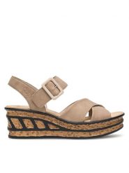 Rieker Sandały 68163-62 Beżowy. Brązowe sandały damskie Rieker, bez wzorów, z syntetyku, bez obcasa, na koturnie, bez zapięcia. Za 269.99 zł.