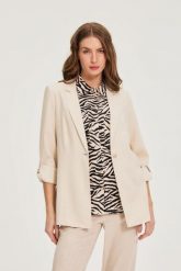 Marynarka z dodatkiem lnu beżowa. Brązowe żakiety damskie MOODO, l, bez wzorów, ze lnu. Za 199.99 zł.