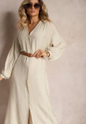 Beżowa Sukienka w Stylu Koszulowym z Bufiastymi Rękawami i Wiskozą Denisea. Brązowe sukienki damskie Renee, na spotkanie biznesowe, bez wzorów, z tkaniny, eleganckie, bez kołnierzyka, bez ramiączek, midi, koszulowe. Za 74.99 zł.