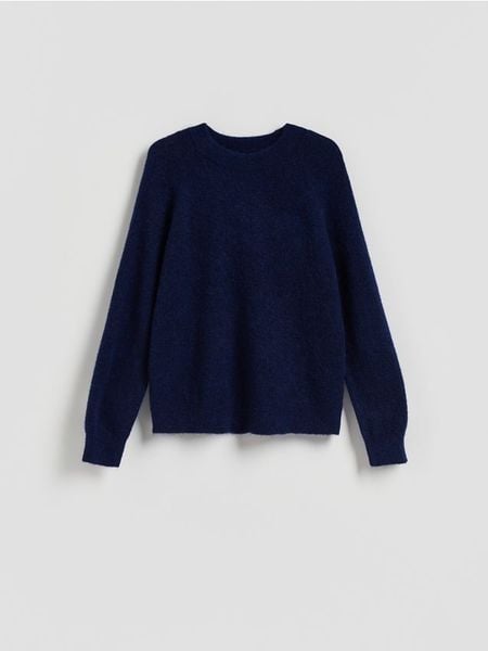 Sweter z wełną - granatowy. Niebieskie swetry damskie Reserved, l, bez wzorów, z dzianiny, bez kołnierzyka, bez ramiączek, bez kaptura. Za 149.99 zł.