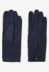 Granatowe Rękawiczki z Bawełną Ozdobione Rombami i Guzikiem Fenemi. Niebieskie rękawiczki damskie Renee, bez wzorów, z bawełny, eleganckie. Za 24.99 zł.