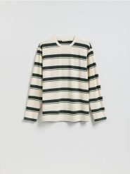 Longsleeve regular w paski - morski. Zielone bluzki z długim rękawem męskie Reserved, l, bez wzorów, z bawełny, bez kołnierzyka. Za 89.99 zł.