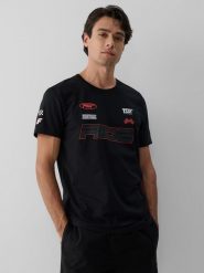 4F T-shirt slim z nadrukiem męski - czarny M. Czarne t-shirty męskie 4f, m, bez wzorów, z bawełny, klasyczne, bez kołnierzyka. Za 79.99 zł.