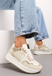 Beżowe Sneakersy na Niskiej Platformie ze Wstawkami z Brokatu Quinnes. Brązowe obuwie sportowe damskie Renee, bez wzorów. Za 89.99 zł.