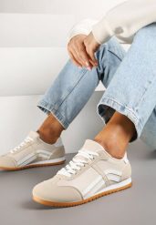 Beżowe Sneakersy Klasyczne Tenisówki Zdobione Przeszyciami Ellexia. Brązowe obuwie sportowe damskie Renee, z aplikacjami, z jeansu, klasyczne, bez zapięcia. Za 74.99 zł.