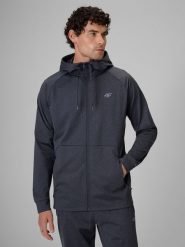 4F Bluza treningowa regular z kapturem męska - granatowa S. Niebieskie bluzy męskie 4f, m, bez wzorów, z dzianiny, z kapturem, na fitness i siłownię. Za 199.99 zł.