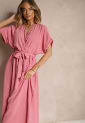 Różowa Rozkloszowana Sukienka z Bawełną i Paskiem Lunapinia. Czerwone sukienki damskie Renee, na co dzień, l, bez wzorów, z bawełny, bez kołnierzyka, bez ramiączek, maxi, kopertowe. Za 59.99 zł.