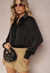 Czarna Koszula z Koronkowymi Wstawkami i Ozdobnymi Guzikami Herinna. Czarne bluzki damskie Renee, m, bez wzorów, z koronki, eleganckie, bez kołnierzyka, bez ramiączek. Za 69.99 zł.