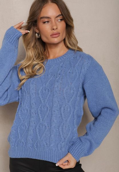 Niebieski Sweter z Wełną Ozdobnym Splotem i Ściągaczem Nariae. Niebieskie swetry damskie Renee, uniwersalny, bez wzorów, z jeansu, casualowe, bez kołnierzyka, bez ramiączek, długie, bez kaptura. Za 54.99 zł.