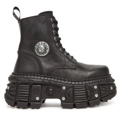Trzewiki NEW ROCK. Czarne botki damskie NEW ROCK, rockowe, bez obcasa, na koturnie, bez zapięcia. Za 1,229.00 zł.