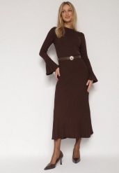 Brązowa Sukienka Dzianinowa z Wiskozą z Rozszerzanymi Rękawami i Paskiem Retelva. Brązowe sukienki damskie Born2be, na co dzień, s, bez wzorów, z dzianiny, eleganckie, bez kołnierzyka, bez ramiączek. Za 169.99 zł.