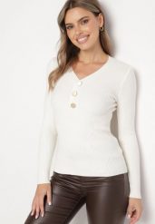 Biały Sweter z Bawełną z Prążkowanego Materiału Ozdobiony Guzikami Zinfera. Białe swetry damskie Born2be, uniwersalny, bez wzorów, z bawełny, klasyczne, bez kołnierzyka, bez ramiączek, bez kaptura. Za 44.99 zł.