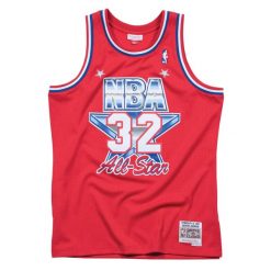 Koszulka NBA All Star West Magic Johnson. Czerwone koszulki sportowe męskie Mitchell & Ness, bez wzorów, bez kołnierzyka, bez ramiączek, do koszykówki. Za 577.00 zł.