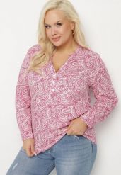Fuksjowa Wiskozowa Koszula we Wzór Etno z Regulowanymi Rękawami Milaila. Czerwone bluzki damskie Born2be, xl, bez wzorów, z jeansu, boho, bez kołnierzyka, bez ramiączek. Za 59.99 zł.