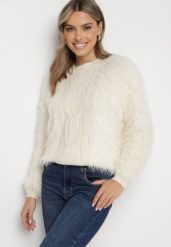 Jasnobeżowy Sweter z Długim Włosiem i Dodatkiem Wełny Merithina. Brązowe swetry damskie Born2be, uniwersalny, bez wzorów, z dzianiny, eleganckie, bez kołnierzyka, bez ramiączek, długie, bez kaptura. Za 69.99 zł.