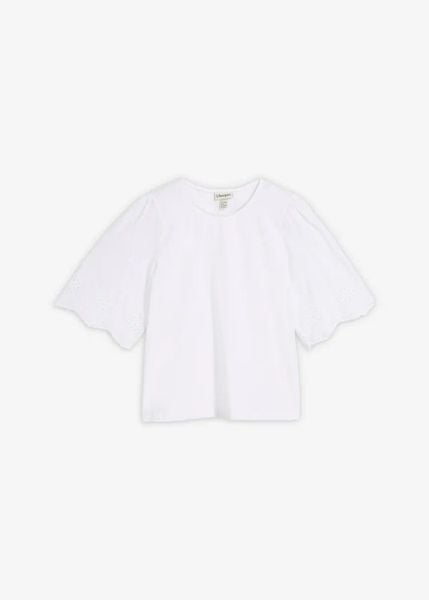 Bluzka z angielskim haftem. Białe bluzki damskie bonprix, bez wzorów, z materiału, bez kołnierzyka, bez ramiączek. Za 37.99 zł.