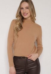 Ciemnobeżowy Gładki Sweter z Półgolfem w Stylu Casual Unallia. Brązowe swetry damskie Born2be, l, bez wzorów, z jeansu, biznesowe, bez kołnierzyka, bez ramiączek, długie, bez kaptura. Za 59.99 zł.