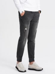 Męskie spodnie jeansowe JOGGERY z przetarciami - czarne V2 - Rozmiar: L. Czarne spodnie materiałowe męskie Ombre Clothing, l, bez wzorów, z bawełny. W wyprzedaży za 69.99 zł.