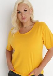 Żółty T-shirt Aetheriel. Żółte bluzki damskie Born2be, xl, bez wzorów, z dzianiny, klasyczne, bez kołnierzyka, bez ramiączek. Za 29.99 zł.