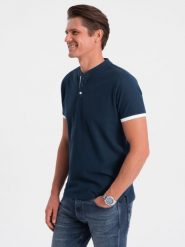Koszulka męska polo bez kołnierzyka - granatowa V4 OM-TSCT-0156 - L. Niebieskie koszulki polo męskie Ombre Clothing, l, bez wzorów, z bawełny, bez ramiączek. W wyprzedaży za 39.99 zł.