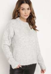 Szary Sweter z Wełną Ozdobiony Haftem Ellannia. Szare swetry damskie Born2be, na zimę, bez wzorów, z wełny, bez kołnierzyka, bez ramiączek, bez kaptura. Za 119.99 zł.