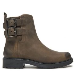 Botki Clarks. Brązowe botki damskie Clarks, bez obcasa, na płaskiej podeszwie, bez zapięcia. Za 579.99 zł.