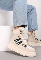 Beżowe Futerkowe Traperki na Niskiej Platformie Linivora. Brązowe śniegowce i trapery damskie Renee, z jeansu. Za 84.99 zł.