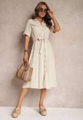 Ciemnobeżowa Wiskozowa Sukienka z Lnem i Guzikami oraz Krótkim Rękawem Ozdobiona Materiałowym Paskiem Gracilla. Brązowe sukienki damskie Renee, na lato, l, bez wzorów, z materiału, eleganckie, bez kołnierzyka, bez ramiączek, midi. Za 189.99 zł.