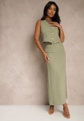 Zielony Wiskozowy Komplet Kamizelka z Guzikami i Spódnica z Paskiem Maviselle. Zielone spódnice damskie Renee, na lato, xl, bez wzorów, z materiału, eleganckie. Za 139.99 zł.
