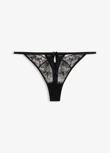 Stringi z eleganckim haftem. Czarne stringi damskie bonprix, bez wzorów. Za 34.99 zł.