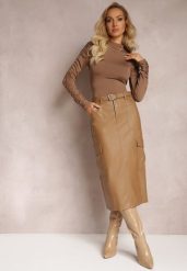Beżowa Spódnica Midi z Imitacji Skóry Paskiem i Kieszeniami Cargo Edvardisa. Brązowe spódnice damskie Renee, m, bez wzorów, ze skóry, midi, ołówkowe. Za 149.99 zł.