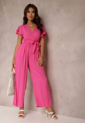Fuksjowy Kombinezon z Wiskozy Zotolio. Czerwone sukienki damskie Renee, na imprezę, na lato, s, bez wzorów, z materiału, eleganckie, bez kołnierzyka, bez ramiączek, maxi, kopertowe. Za 49.99 zł.