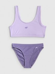 4F Kostium kąpielowy dwuczęściowy dziewczęcy - fioletowy 134/140 (8-10 lat). Fioletowe stroje kąpielowe dla dziewczynek 4f, bez wzorów. Za 69.99 zł.