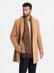 Jednorzędowy długi męski płaszcz w stylu garniturowym – jasnobrązowy V3 - Rozmiar: XL. Brązowe płaszcze męskie Ombre Clothing, m, bez wzorów, z materiału, eleganckie, długie, bez kaptura. W wyprzedaży za 337.49 zł.